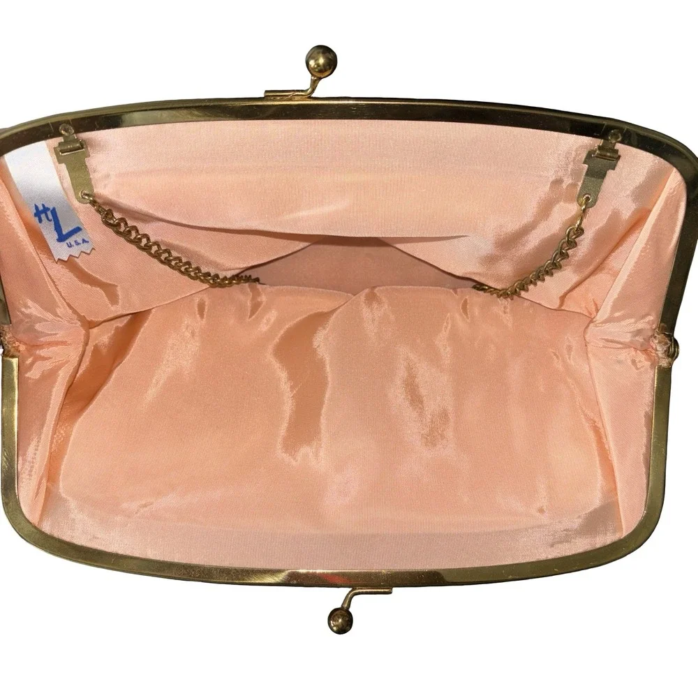 Vintage HL USA Corduroy Kiss Lock Clutch Bag Brown Gold Tone Chain Strap